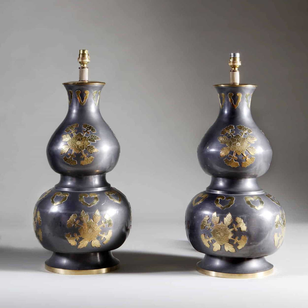 A Pair of Double Gourd Chinese Pewter and Brass Vases as Lamps