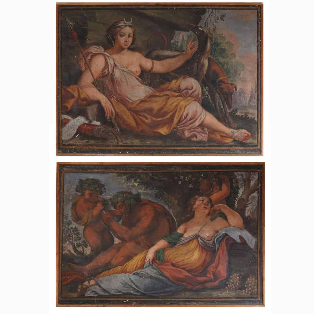 Pair of 16th Century Hunting Lodge Fresco Panels of Diana, Bacchus and Ariadne