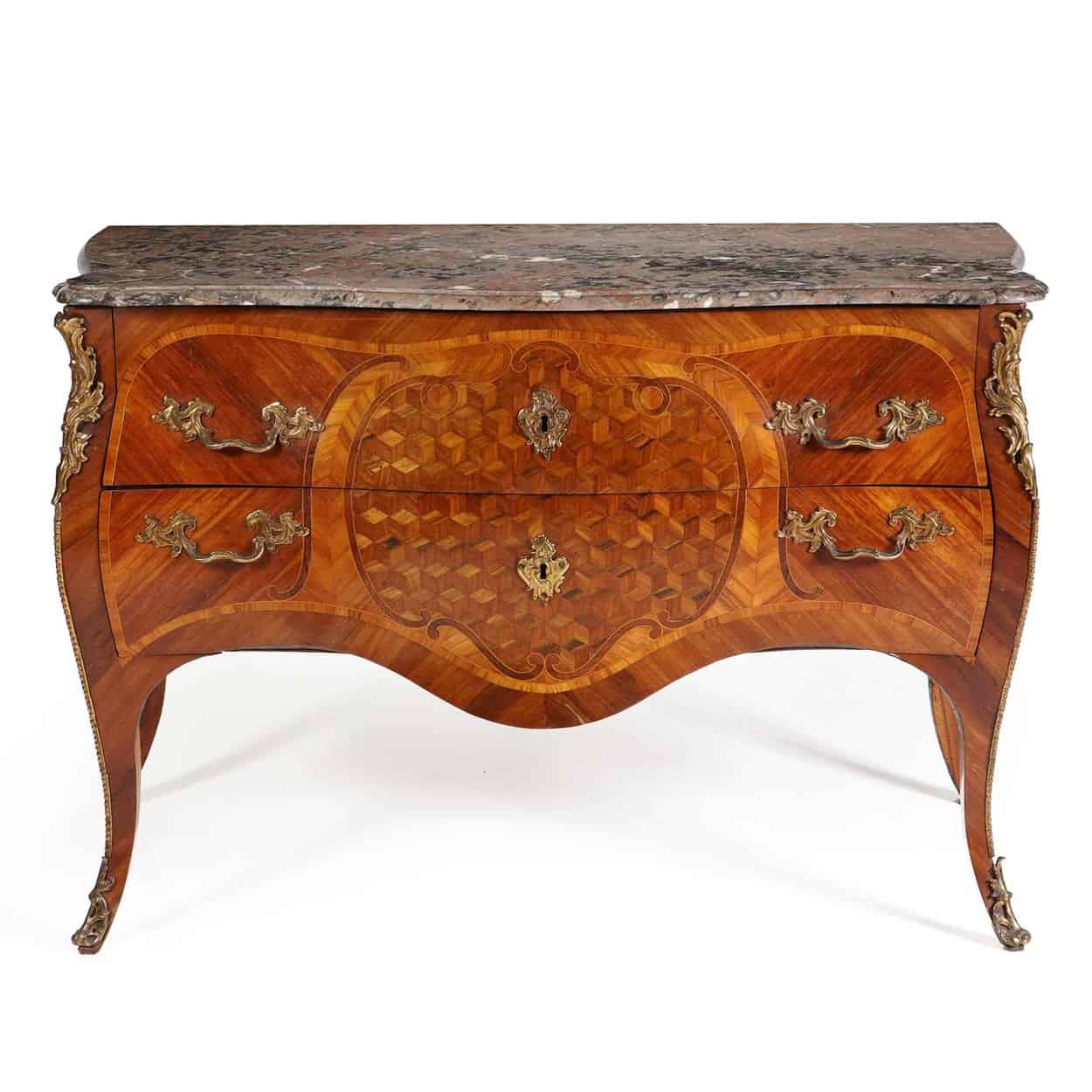 Louis XV Commode Sauteuse with bombe sides, parquetry inlays, two drawers, shaped legs, and original marble top.