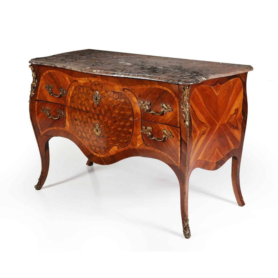 Louis XV Commode Sauteuse with bombe sides, parquetry inlays, original marble top, and shaped legs from 1760 France.