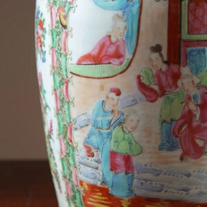 Pair of Chinese Canton Vases Mounted as Table Lamps decorated with 19th century court scenes in blue, green, and pink.
