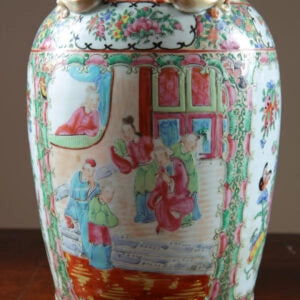 Pair of Chinese Canton Vases Mounted as Table Lamps with 19th century court scene porcelain and colorful detailing.