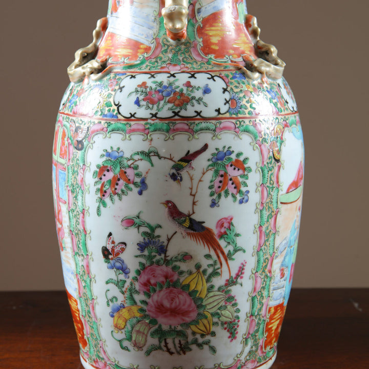 Pair of Chinese Canton Vases Mounted as Table Lamps with colorful 19th century court scene porcelain decoration.