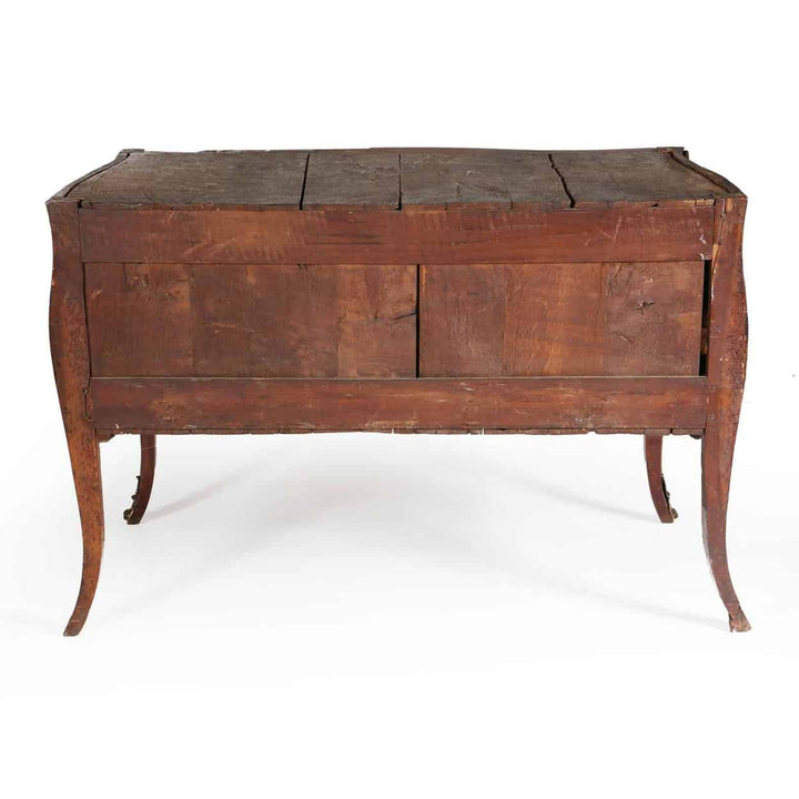 Louis XV Commode Sauteuse mid 18th century antique bombe chest with shaped legs and parquetry wood finish.
