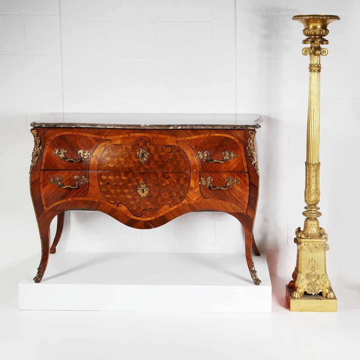 Louis XV Commode Sauteuse with intricate parquetry, bombe shape, two drawers, and original marble top, circa 1760 France.