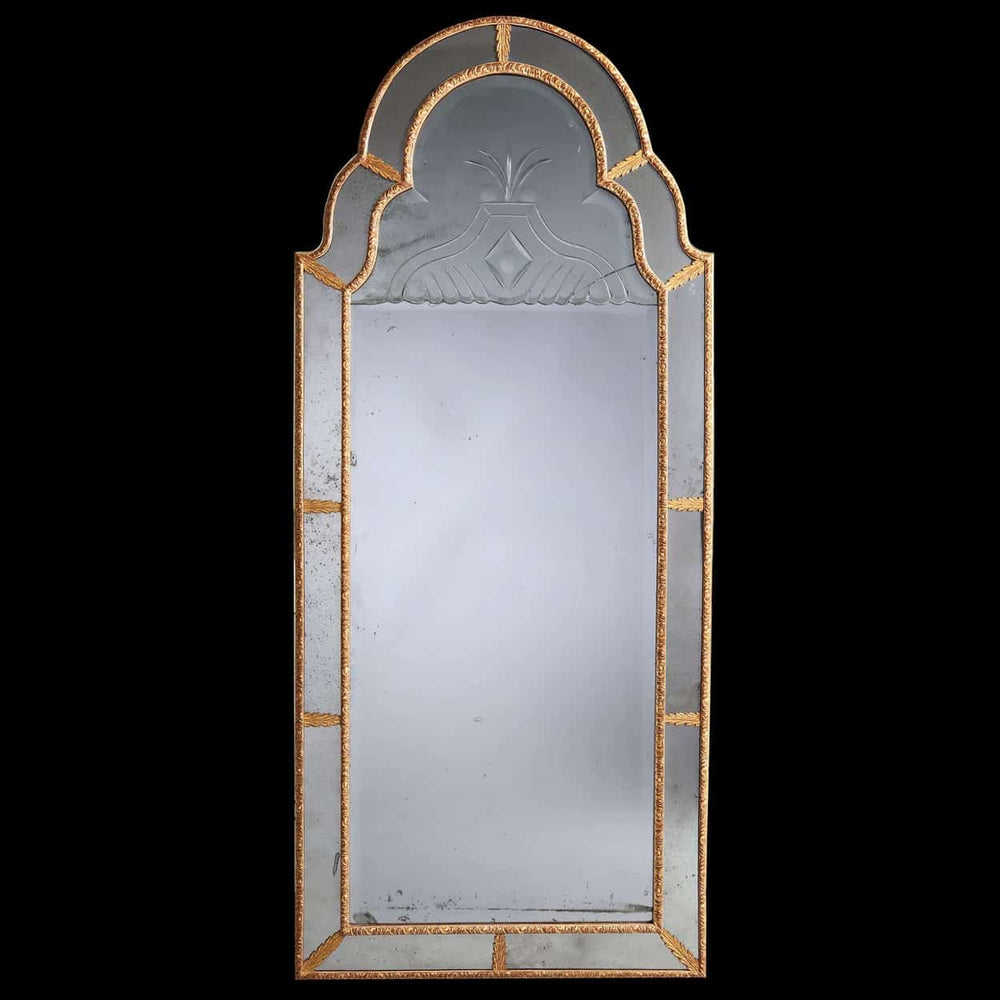 Queen Anne Border Glass Giltwood Pier Mirror with original engraved mercury plates and giltwood frame, circa 1710.
