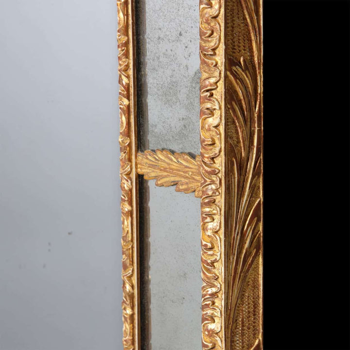 Queen Anne Border Glass Giltwood Pier Mirror with original split beveled mercury plates and giltwood frame detail.