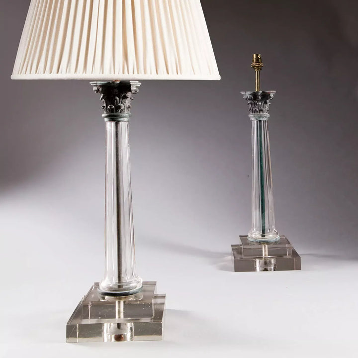 Pair of Clear Glass Faceted Column Lamps