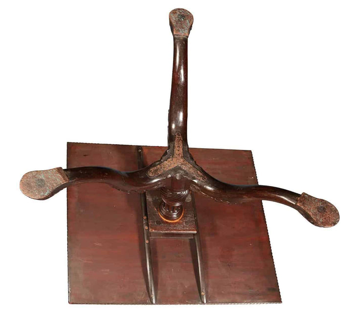 GEORGE III MAHOGANY RECTANGULAR TRIPOD TABLE showing underside tripod base with carved fluted column and cabriole legs.