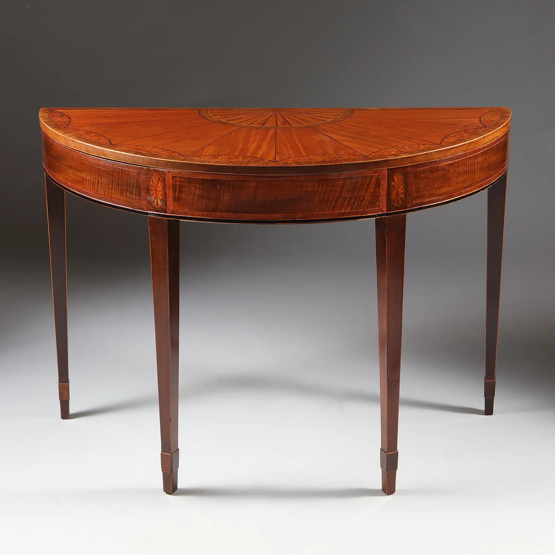 George III Irish Demi Lune Card Table with satinwood fan, burr yew inlay, and elegant tapered legs circa 1780.