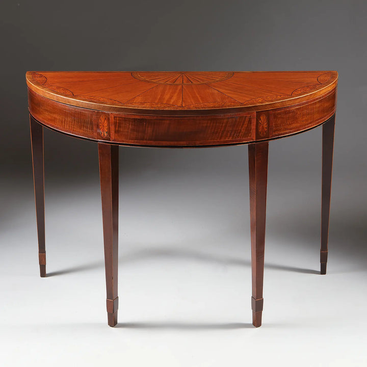 George III Irish Demi Lune Card Table with satinwood fan, burr yew inlay, and elegant tapered legs circa 1780.