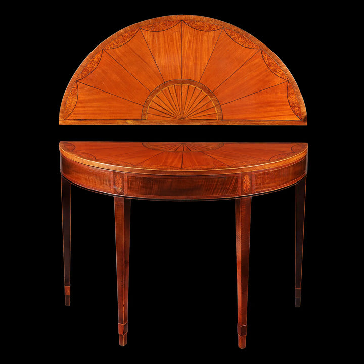 George III Irish Demi Lune Card Table with satinwood fan inlay and tapered legs, circa 1780, Ireland vintage furniture piece.