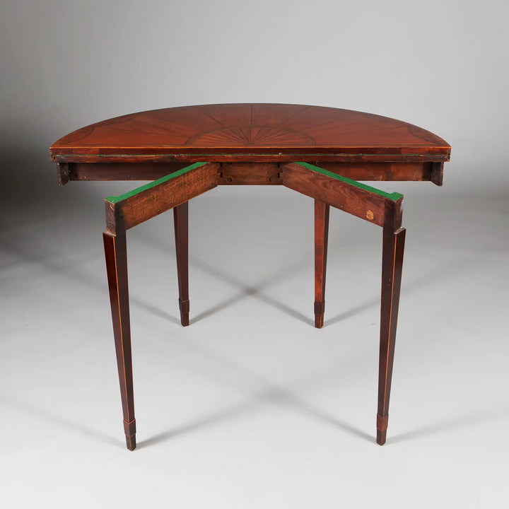 George III Irish Demi Lune Card Table with satinwood fan inlay and green baize interior, circa 1780, Ireland.