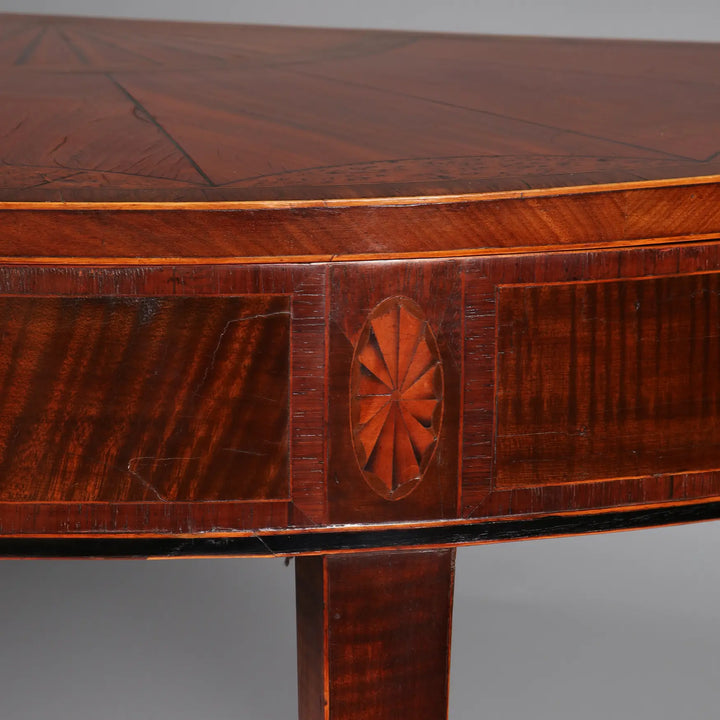 George III Irish Demi Lune Card Table with harewood veneer and satinwood fan inlay circa 1780, elegant tapered legs.