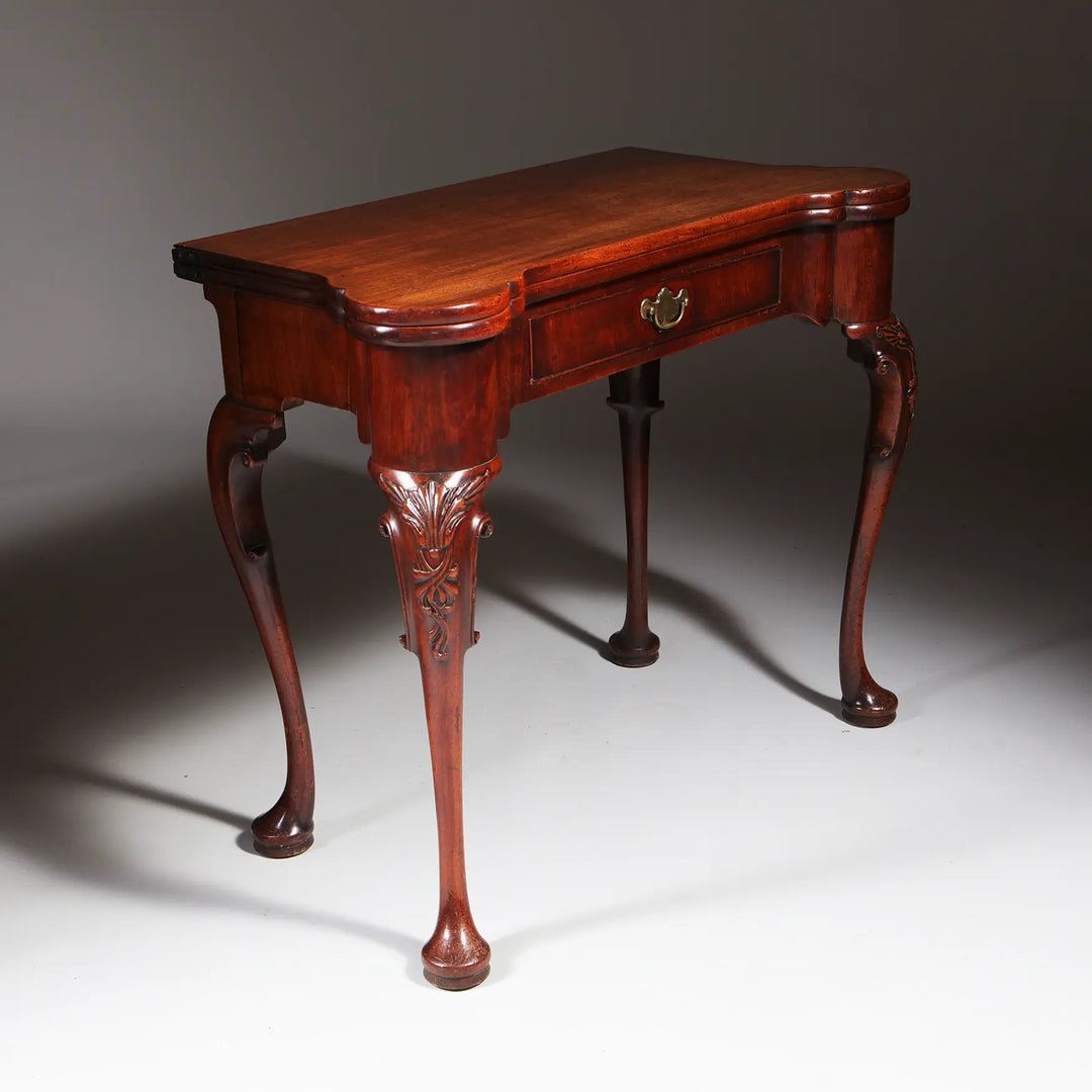 George II Mahogany Card Table with carved cabriole legs and single drawer, circa 1735, elegant 18th century design.