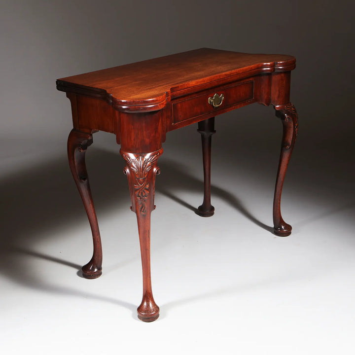 George II Mahogany Card Table with carved cabriole legs and single drawer, circa 1735, elegant 18th century design.