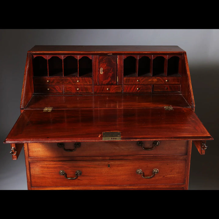 George III Bureau Desk Chest of Drawers open fall front with pigeon holes and drawers in polished wood finish