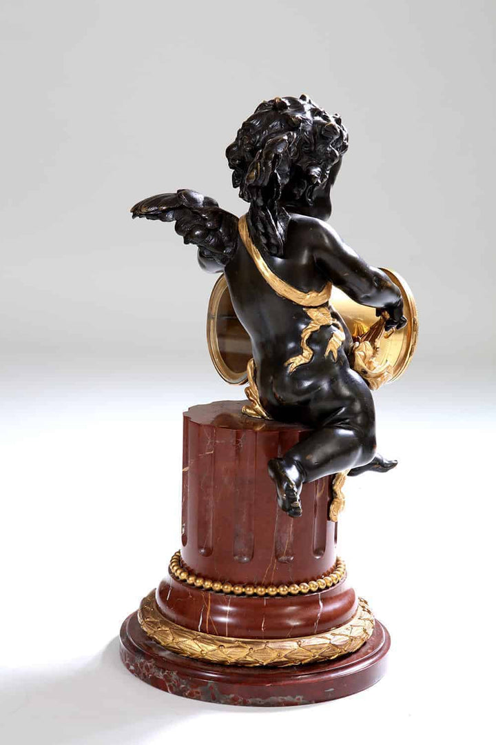 Gilt Bronze, Bronze and Marble Clock Set Garniture