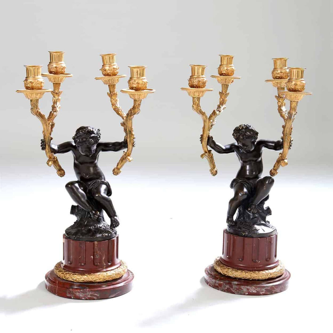 Gilt Bronze, Bronze and Marble Clock Set Garniture