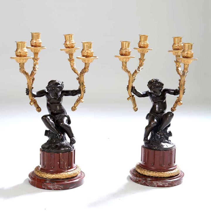 Gilt Bronze, Bronze and Marble Clock Set Garniture