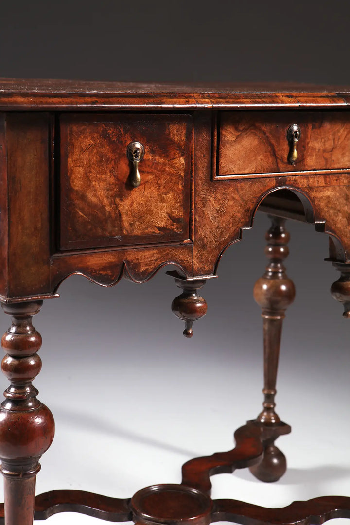 GEORGE I WALNUT LOW BOY antique walnut low boy with Dutch gable aprons and turned legs circa 1700 England