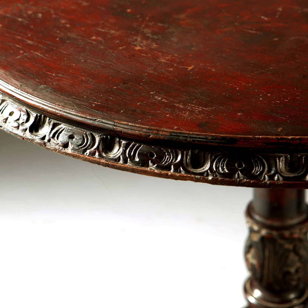 Matched Pair of Indian Circular End Tables with carved edges and vintage colonial wood finish circa 1900.
