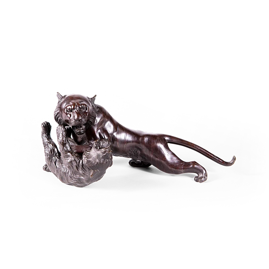 Japanese Meiji Bronze Tiger and Bear Fight