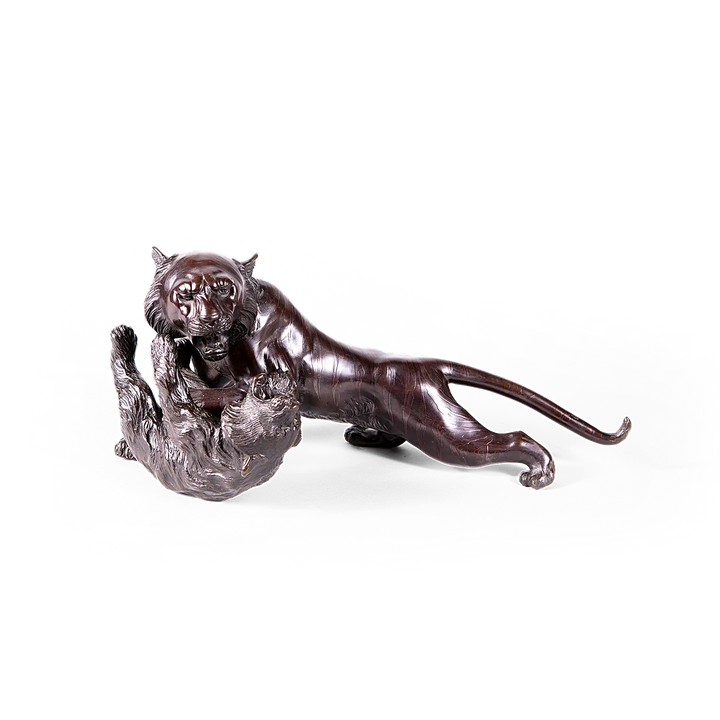 Japanese Meiji Bronze Tiger and Bear Fight