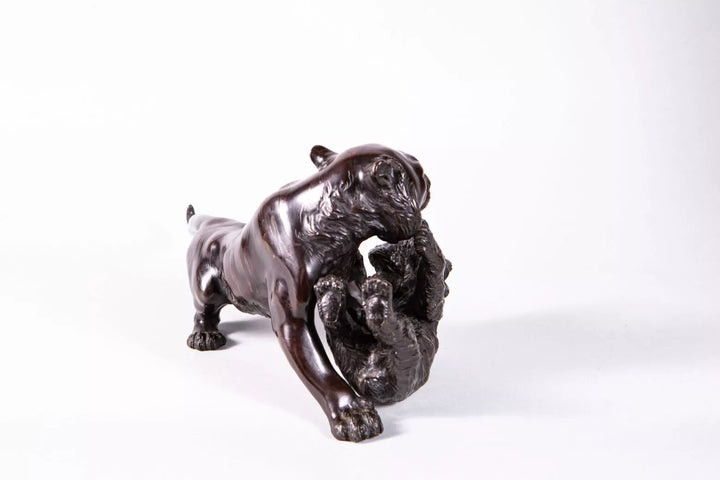 Japanese Meiji Bronze Tiger and Bear Fight