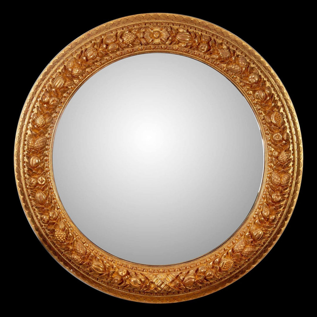 Monumental 5ft Round Italian Mirror with large convex glass and richly carved giltwood frame featuring fruits and foliage.