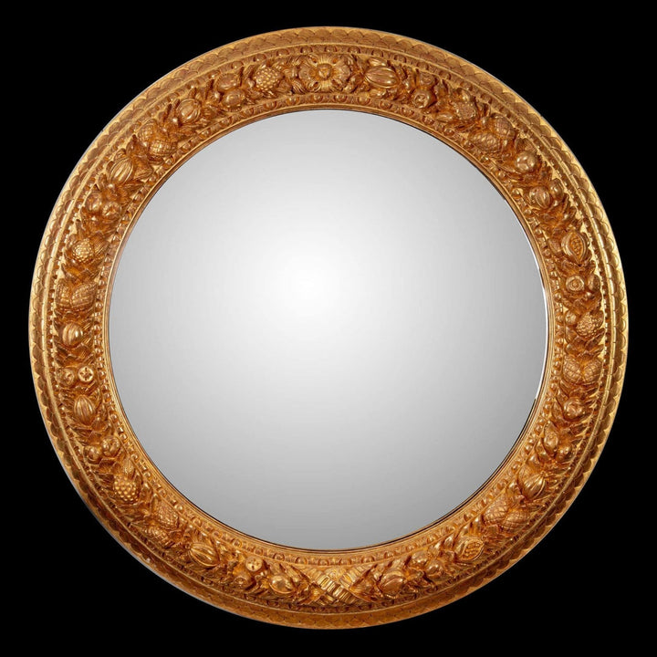Monumental 5ft Round Italian Mirror with large convex glass and richly carved giltwood frame featuring fruits and foliage.