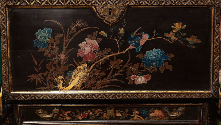 Chinese Export Lacquer Bureau-On-Stand and Toilet Glass with rare polychrome flower design, Canton, China, circa 1730.