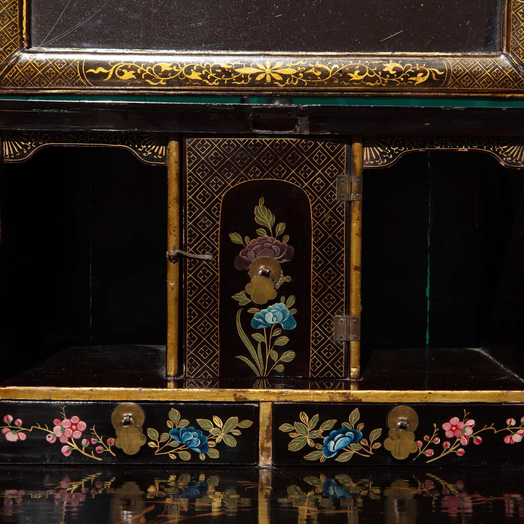Chinese Export Lacquer Bureau-On-Stand and Toilet Glass with polychrome flower design, Canton China circa 1730
