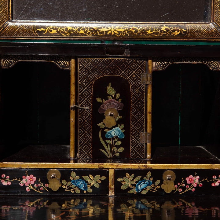 Chinese Export Lacquer Bureau-On-Stand and Toilet Glass with polychrome flower design, Canton China circa 1730