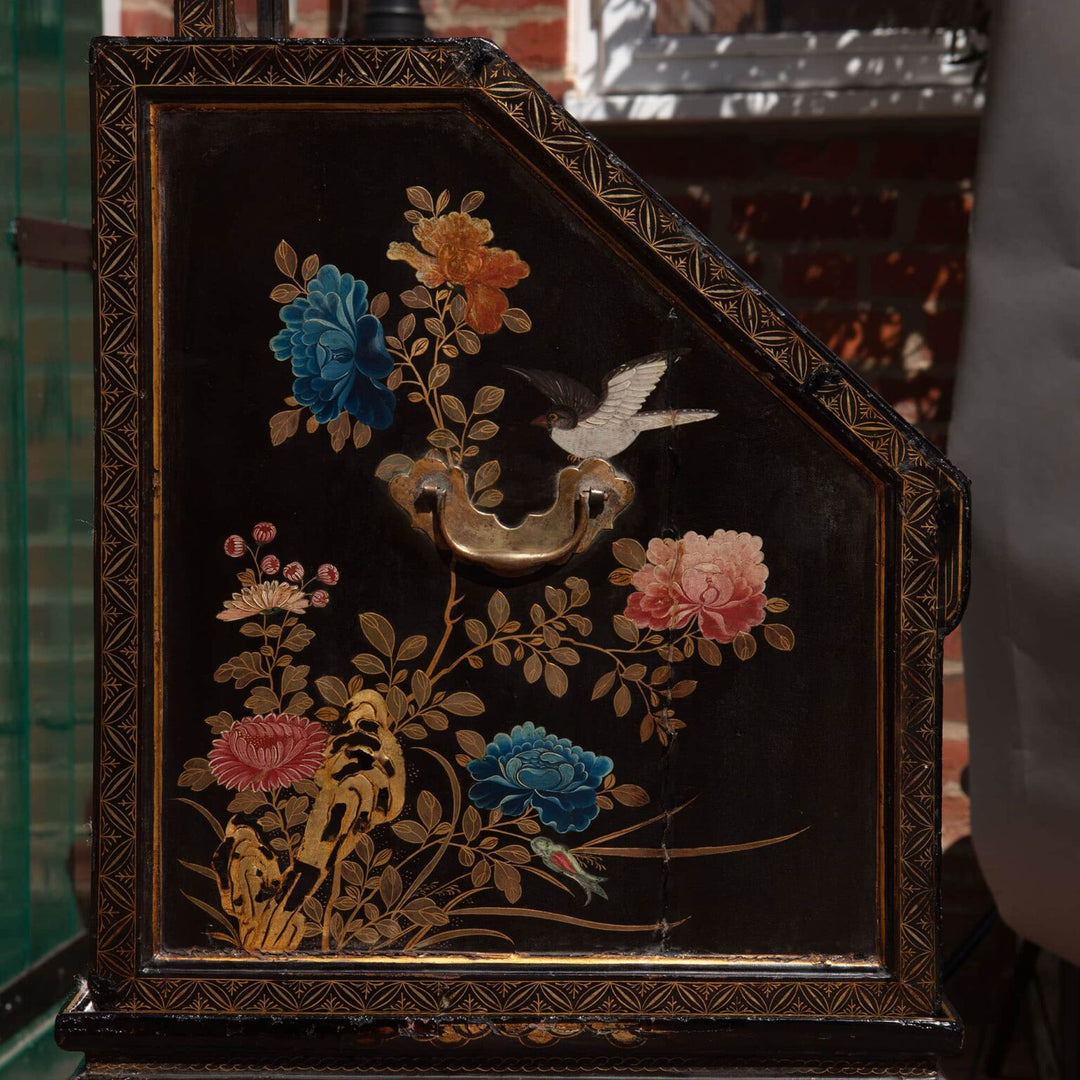 Chinese Export Lacquer Bureau-On-Stand and Toilet Glass with polychrome flower design and bird motif circa 1730.