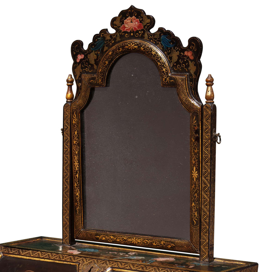 Chinese Export Lacquer Bureau-On-Stand and Toilet Glass with intricate polychrome flower design and ornate frame circa 1730.