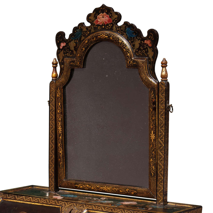 Chinese Export Lacquer Bureau-On-Stand and Toilet Glass with intricate polychrome flower design and ornate frame circa 1730.