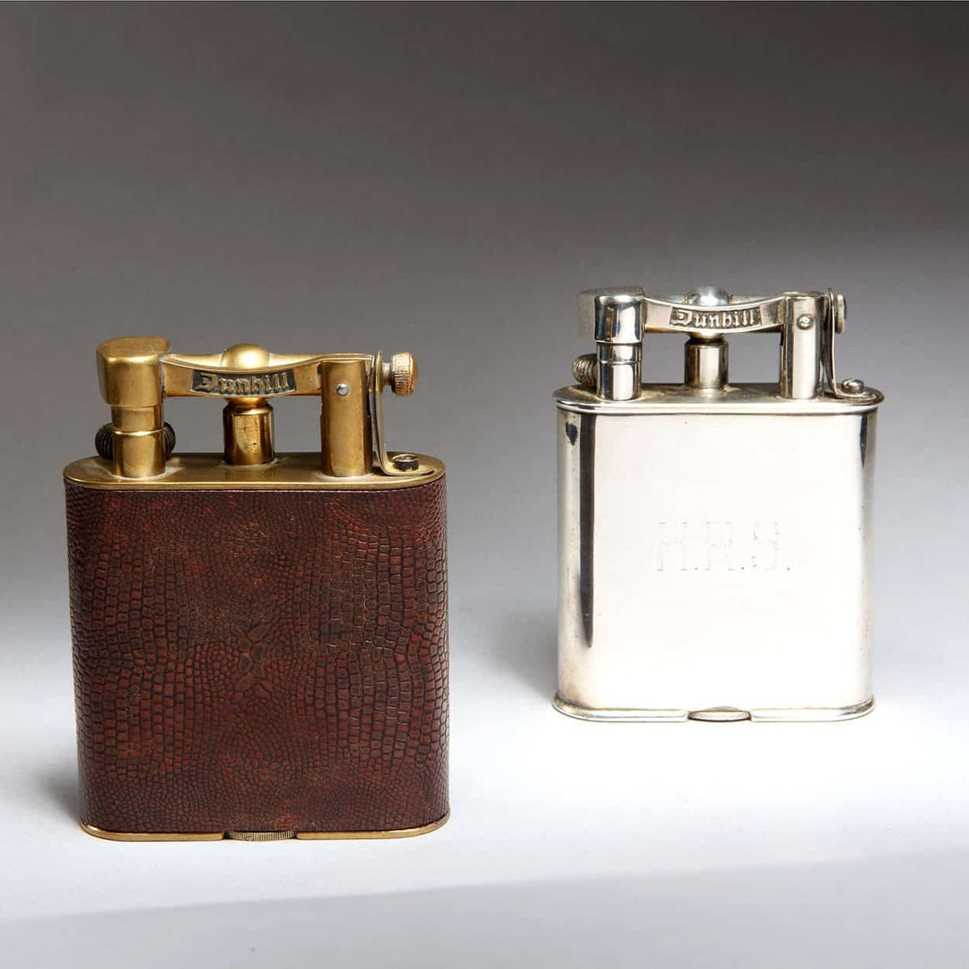 Two Dunhill Giant Lighters - Silver Plate - Lizard Skin Wrap