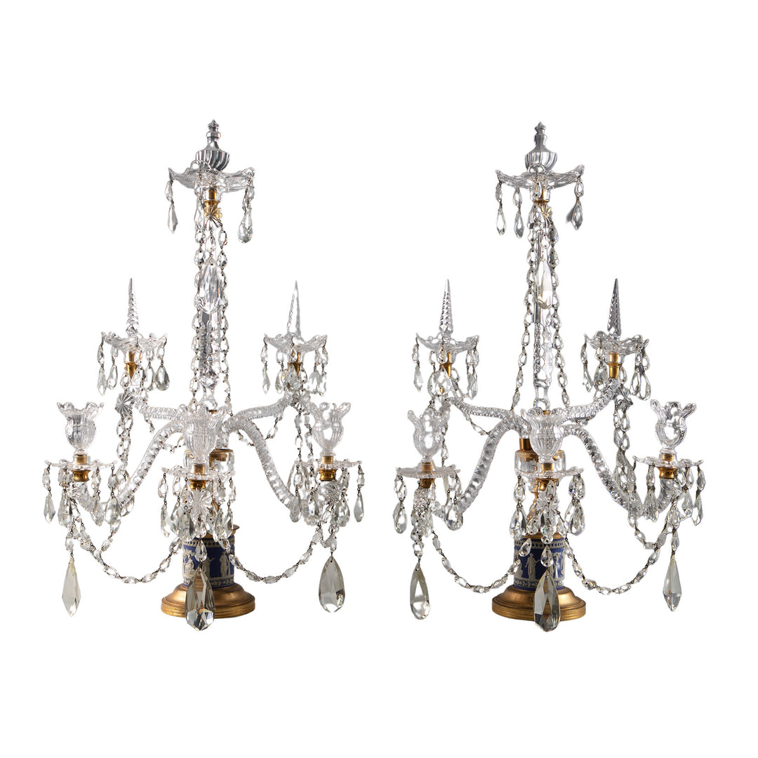 Pair of Wedgwood Jasperware and Cut Glass Three Light Candelabra