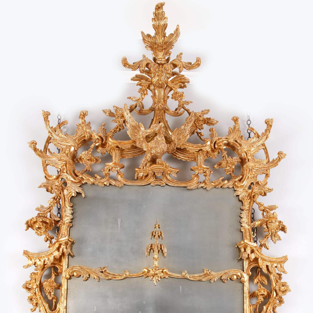 George III Giltwood Pier Mirror 175x94cm with intricate rococo carvings and central Ho Ho bird crest.