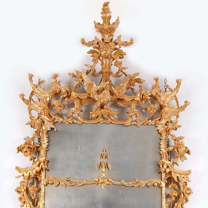 George III Giltwood Pier Mirror 175x94cm with intricate rococo carvings and central Ho Ho bird crest.