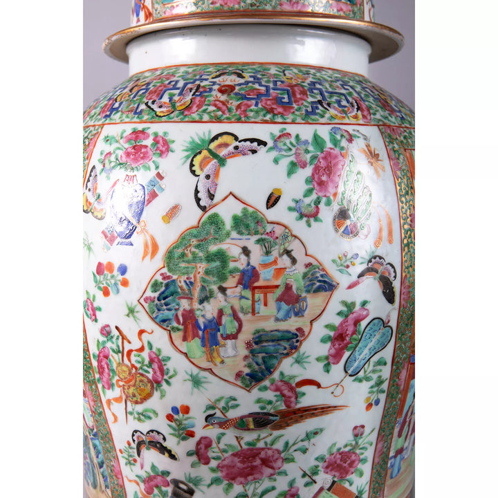 Large Famille Rose Chinese Canton Porcelain Vase and Cover