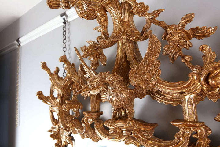George III Giltwood Pier Mirror 175x94cm with elaborate rococo carvings and central Ho Ho Bird decoration.