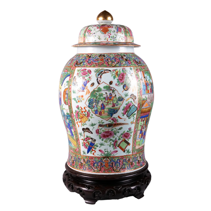 Large Famille Rose Chinese Canton Porcelain Vase and Cover