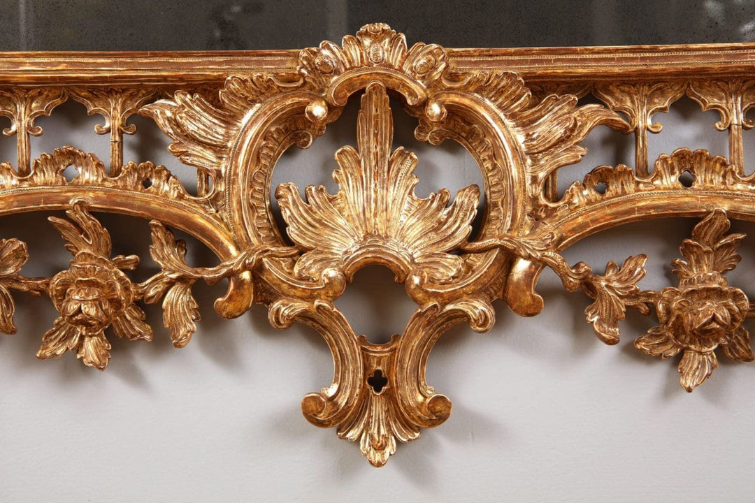 George III Giltwood Pier Mirror 175x94cm with ornate rococo carvings, chinoiserie details, and central Ho Ho Bird crest.