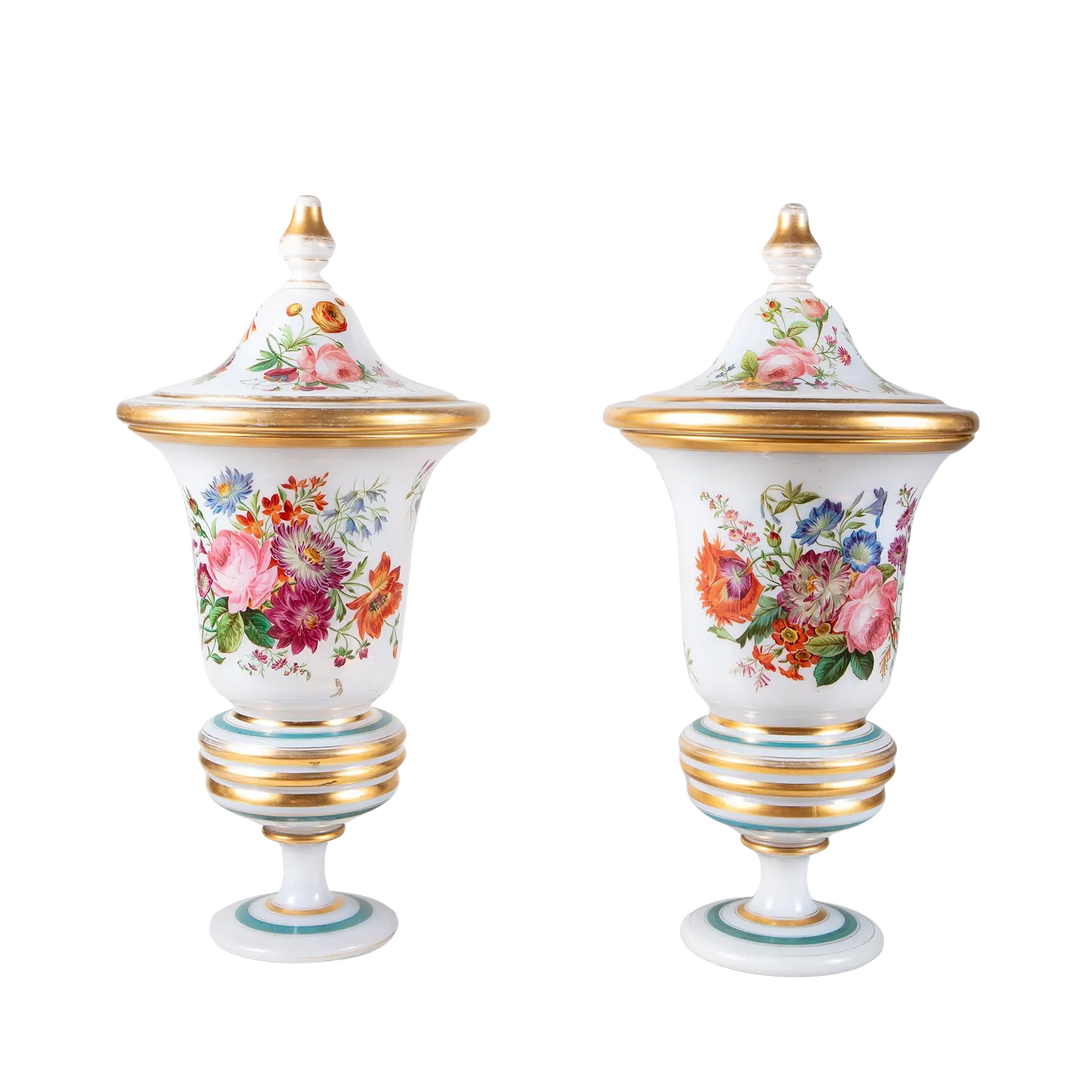 Pair of French 19th Century Opaline Urns and Covers