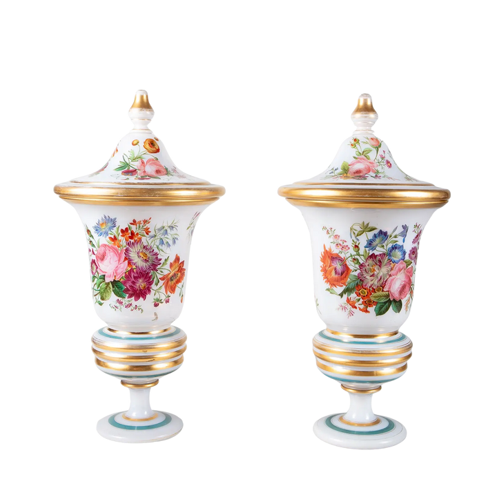 Pair of French 19th Century Opaline Urns and Covers