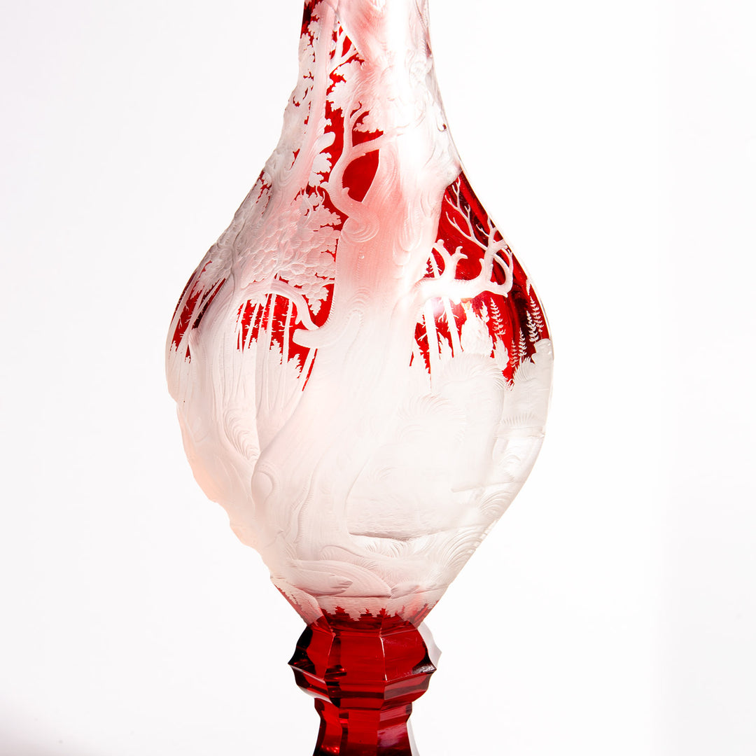 Bohemian Glass Red over Clear Engraved Vases | Pair
