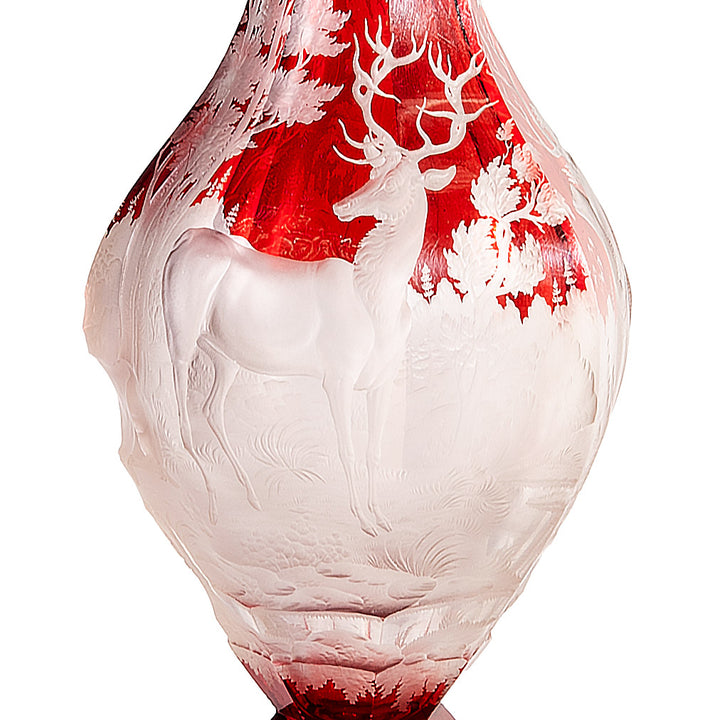 Bohemian Glass Red over Clear Engraved Vases | Pair