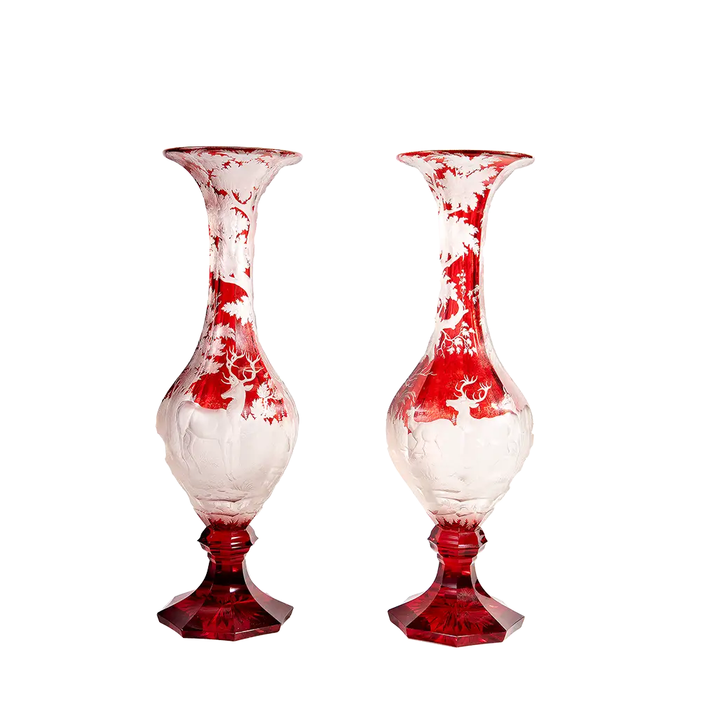 Bohemian Glass Red over Clear Engraved Vases | Pair